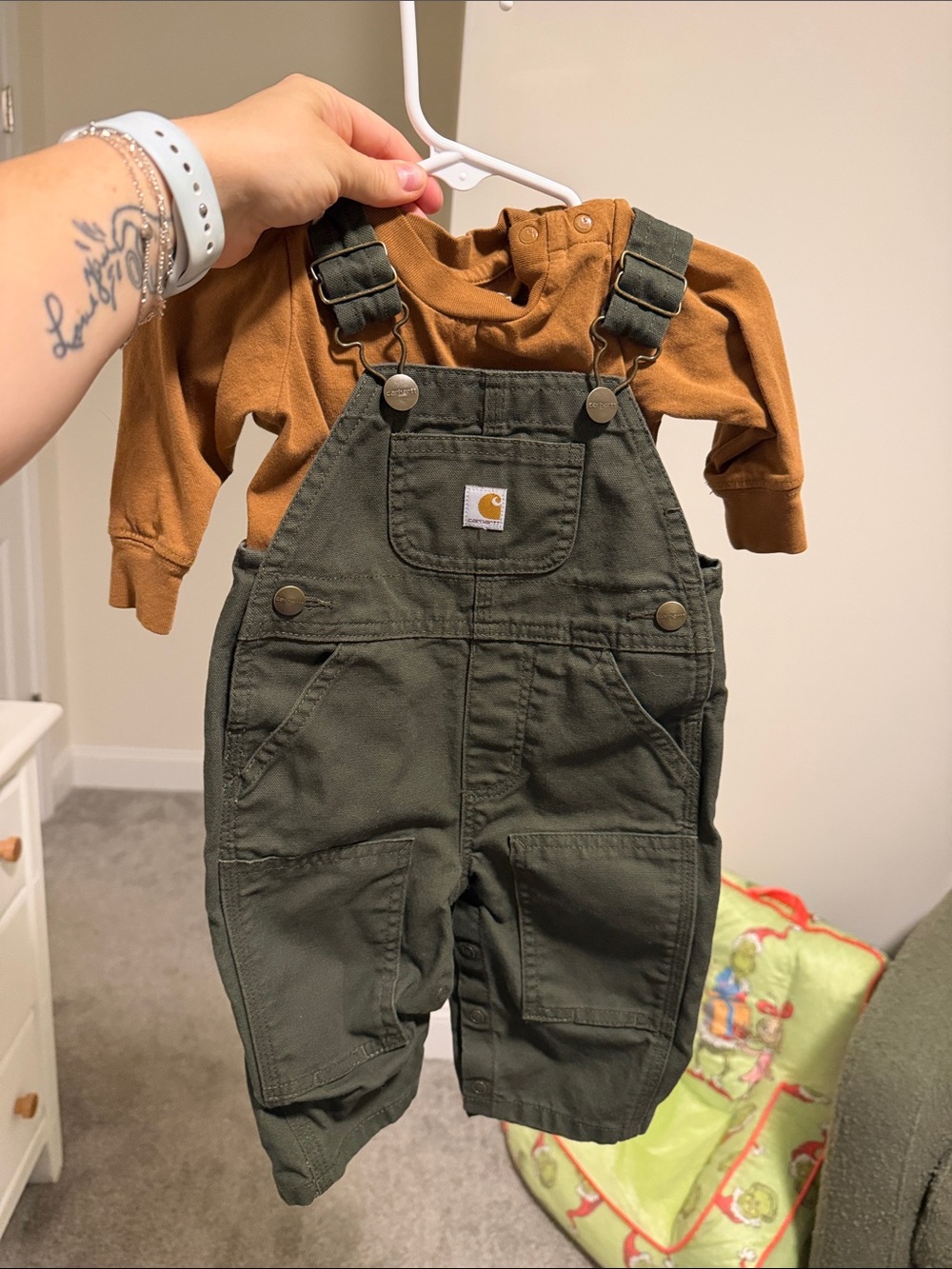 Carhartt Olive Green Baby Overalls with Brown Layering Top